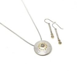 Commissioned silver, 18ct gold & diamond pendant & earrings